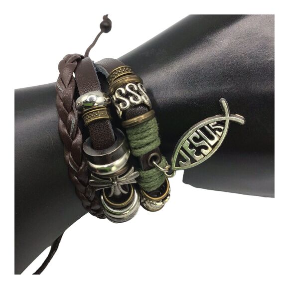 Jesus ICHTHUS Fish Charm Leather Adjustable Bracelet Set Boho Stack 6.5–7.5 in - Picture 9 of 15